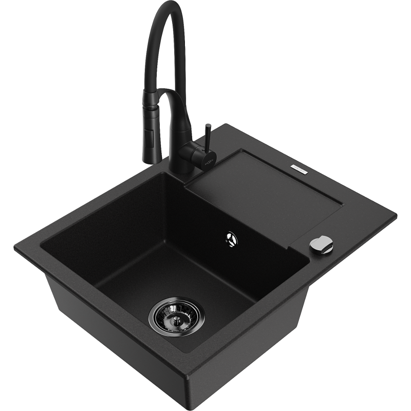 Mexen Enzo lavello da cucina in granito a 1 vasca con scolapiatti e miscelatore Aster, nero - 6506-77-73450-70-B