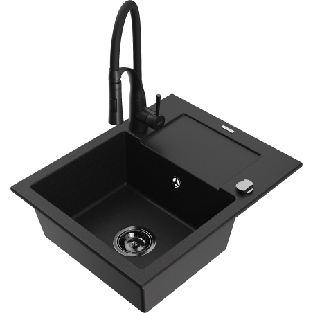 Mexen Enzo granite sink 1-bowl with drainer and Aster kitchen tap, black - 6506-77-73450-70-B
