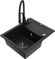 Mexen Enzo granite sink 1-bowl with drainer and Aster kitchen tap, black - 6506-77-73450-70-B