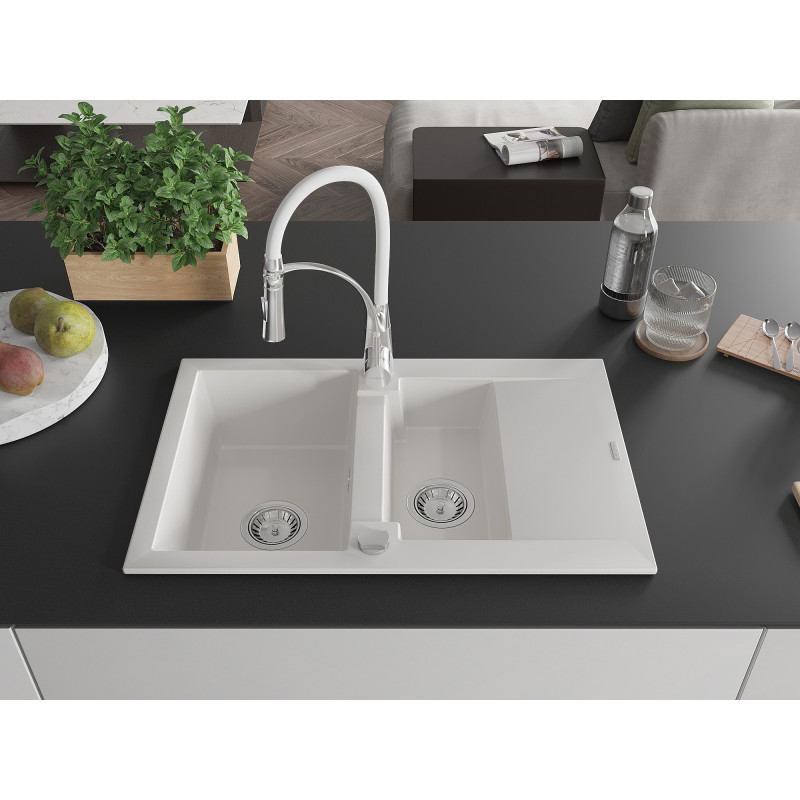 Mexen Gaspar fregadero de granito de 1,5 senos con escurridor y grifo de cocina Aster, blanco - 6507-20-73450-02