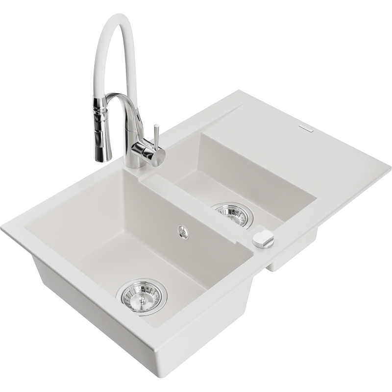 Mexen Gaspar Granitdiskbänk 1,5-kammare med avrinningsyta och köksblandare Aster, vit - 6507-20-73450-02