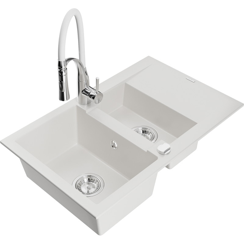 Mexen Gaspar Granitspüle 1,5-Becken mit Abtropffläche und Küchenarmatur Aster, weiß - 6507-20-73450-02