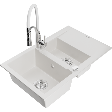 Mexen Gaspar Granite Kitchen Sink 1.5-Bowl with Drainer and Aster Tap, White - 6507-20-73450-02