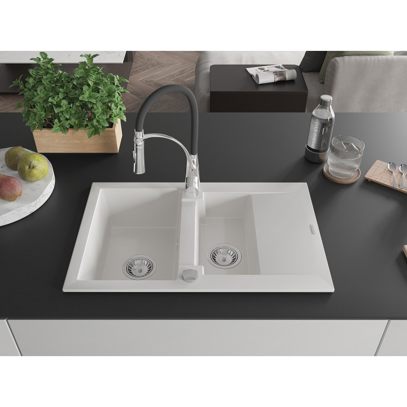 Mexen Gaspar granieten spoelbak 1,5-kamer met afdruiprek en keukenkraan Aster, wit - 6507-20-73450-07