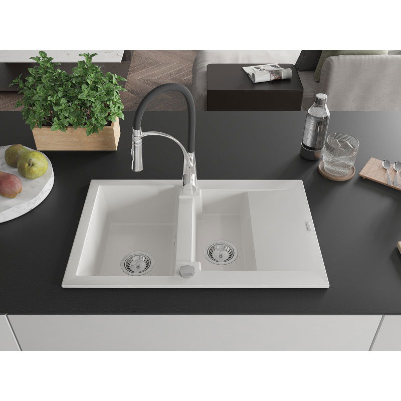 Mexen Gaspar granite sink 1.5-bowl with drainer and Aster kitchen tap, white - 6507-20-73450-07