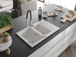 Mexen Gaspar granite sink 1.5-bowl with drainer and Aster kitchen tap, white - 6507-20-73450-07