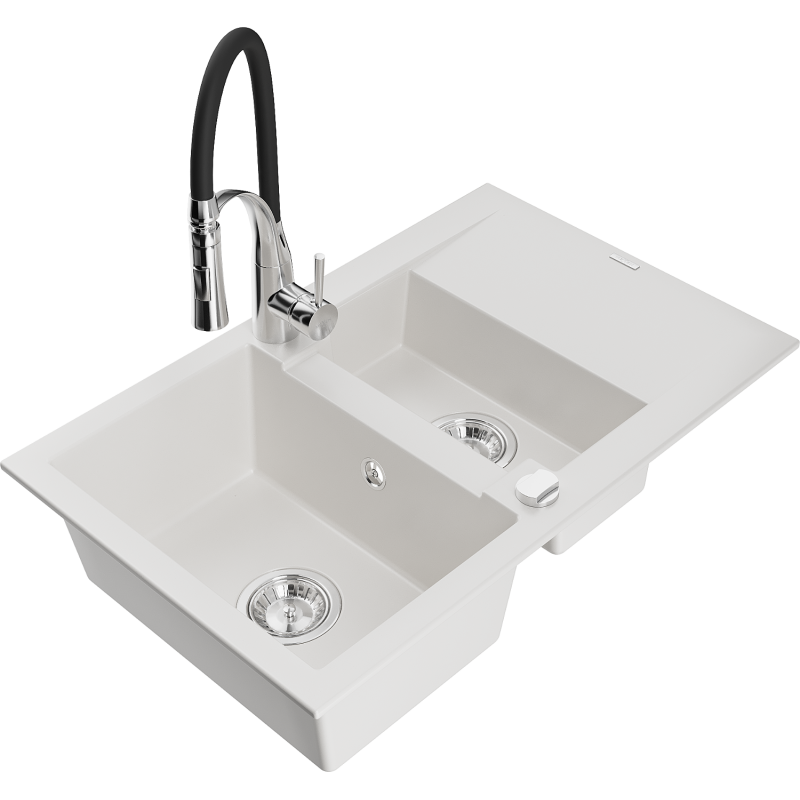 Mexen Gaspar granite sink 1.5-bowl with drainer and Aster kitchen tap, white - 6507-20-73450-07