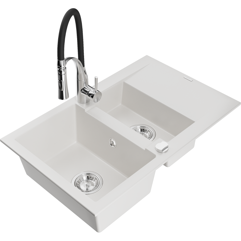 Mexen Gaspar lava-loiça de granito 1,5-bacia com escorredor e torneira de cozinha Aster, branco - 6507-20-73450-07