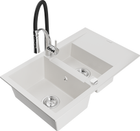 Mexen Gaspar granite sink 1.5-bowl with drainer and Aster kitchen tap, white - 6507-20-73450-07