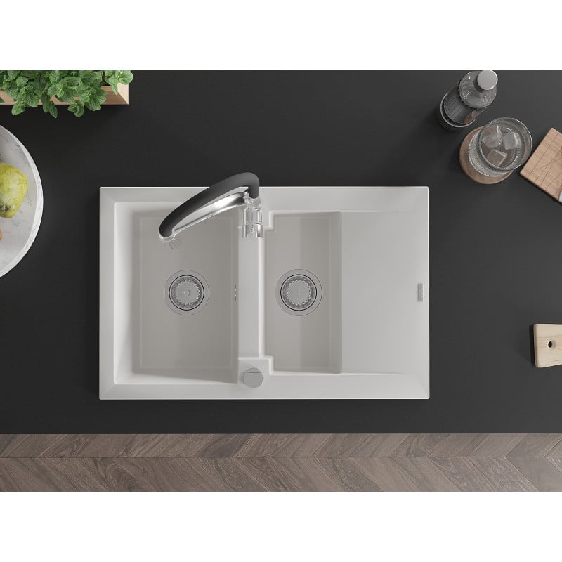 Mexen Gaspar lava-loiça de granito 1,5-bacia com escorredor e torneira de cozinha Aster, branco - 6507-20-73450-07