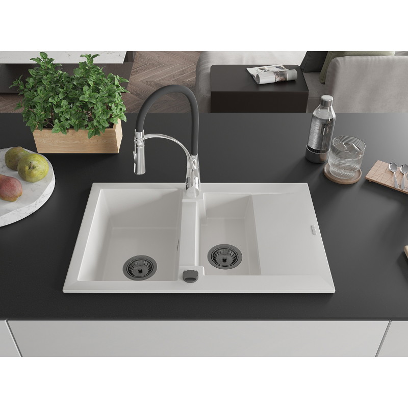 Mexen Gaspar granitische spoelbak 1,5-komers met afdruiprek en keukenmengkraan Aster, wit - 6507-20-73450-07-B