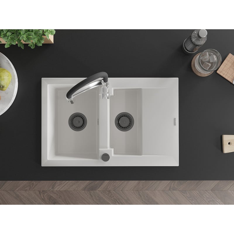 Mexen Gaspar fregadero de granito de 1,5 senos con escurridor y grifo de cocina Aster, blanco - 6507-20-73450-07-B