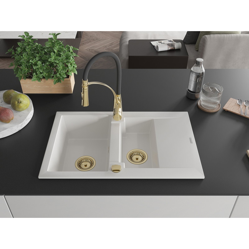 Mexen Gaspar fregadero de granito de 1,5 tazones con escurridor y grifo de cocina Aster, blanco - 6507-20-73450-57-G