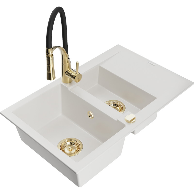 Mexen Gaspar fregadero de granito de 1,5 tazones con escurridor y grifo de cocina Aster, blanco - 6507-20-73450-57-G