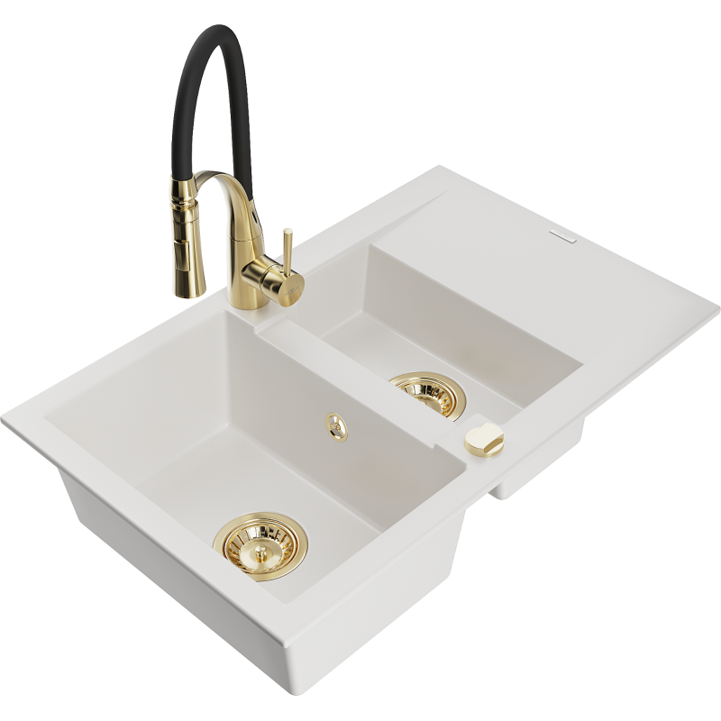 Mexen Gaspar lava-loiça em granito de 1,5 cubas com escorredor e torneira de cozinha Aster, branco - 6507-20-73450-57-G