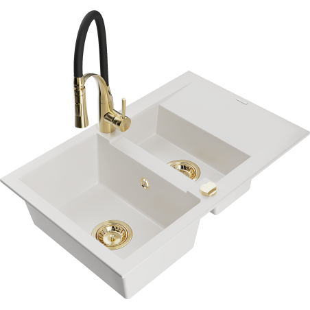 Mexen Gaspar granitische spoelbak met 1,5 kamer, druiprek en keukenmengkraan Aster, wit - 6507-20-73450-57-G