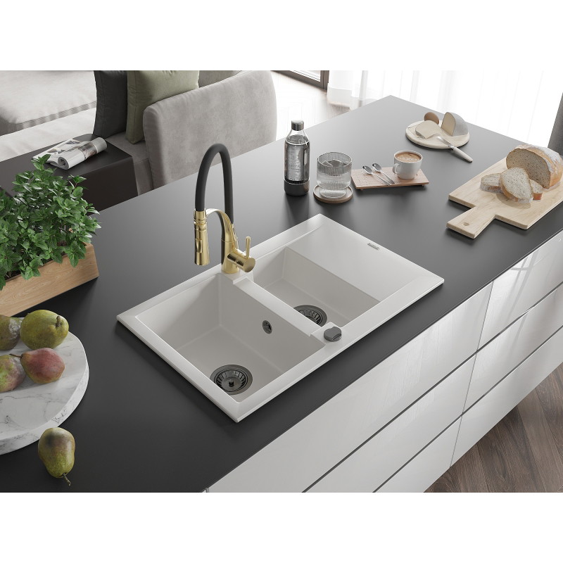 Mexen Gaspar 1,5-composieten granieten spoelbak met afdruiprek en Aster keukenkraan, wit - 6507-20-73450-57-B