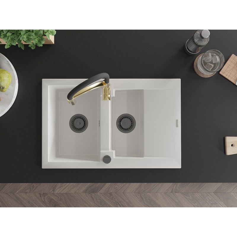 Mexen Gaspar fregadero de granito de 1,5 senos con escurridor y grifo de cocina Aster, blanco - 6507-20-73450-57-B