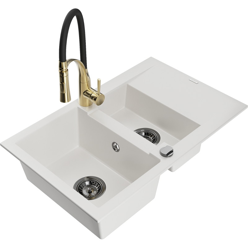 Mexen Gaspar 1,5-composieten granieten spoelbak met afdruiprek en Aster keukenkraan, wit - 6507-20-73450-57-B