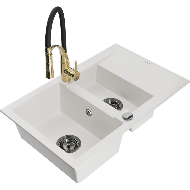 Mexen Gaspar lava-loiça de granito de 1,5 cubas com escorredor e torneira de cozinha Aster, branco - 6507-20-73450-57-B