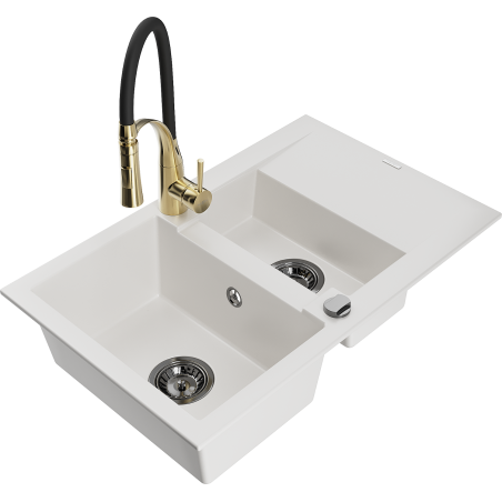 Mexen Gaspar 1.5-bowl granite sink with drainer and Aster kitchen faucet, white - 6507-20-73450-57-B