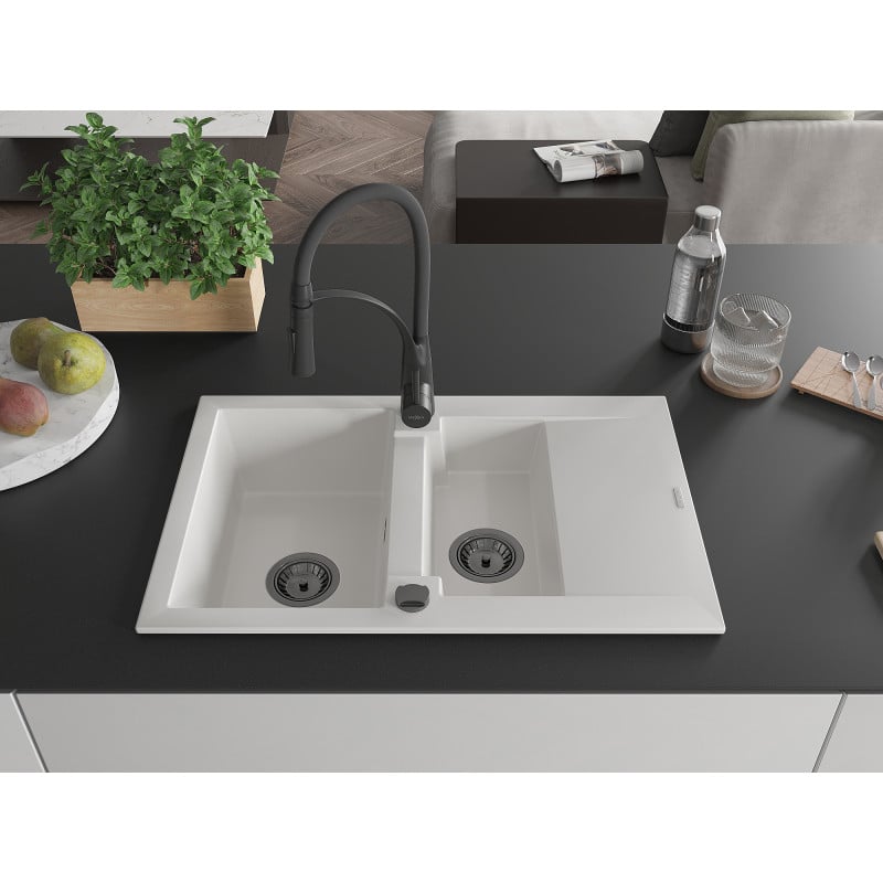 Mexen Gaspar granite sink 1.5-bowl with drainer and Aster kitchen tap, white - 6507-20-73450-70-B
