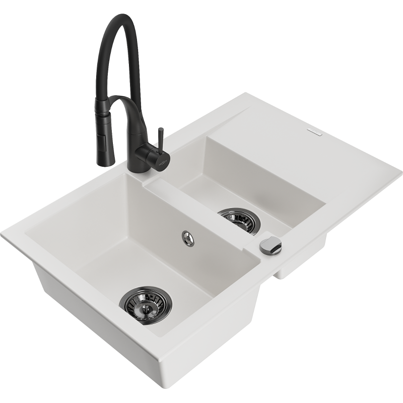Mexen Gaspar fregadero de granito 1,5 senos con escurridor y grifo de cocina Aster, blanco - 6507-20-73450-70-B