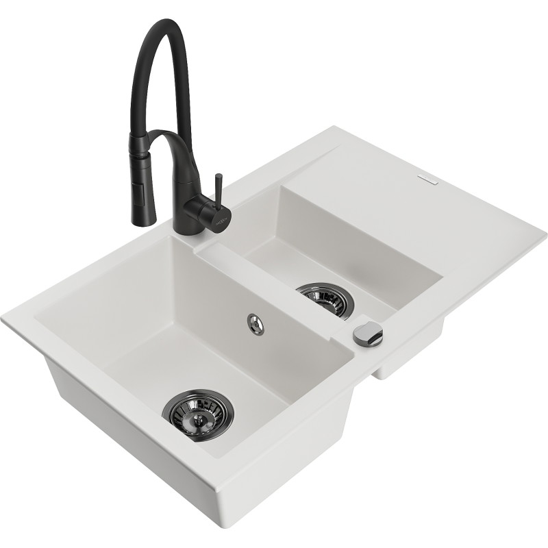 Mexen Gaspar granitspüle 1,5-becken mit abtropffläche und küchenarmatur Aster, weiß - 6507-20-73450-70-B