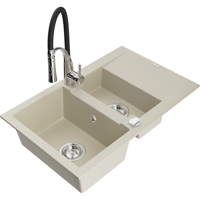 Mexen Gaspar Granitspüle 1,5-becken mit Abtropffläche und Küchenarmatur Aster, Beige - 6507-69-73450-07