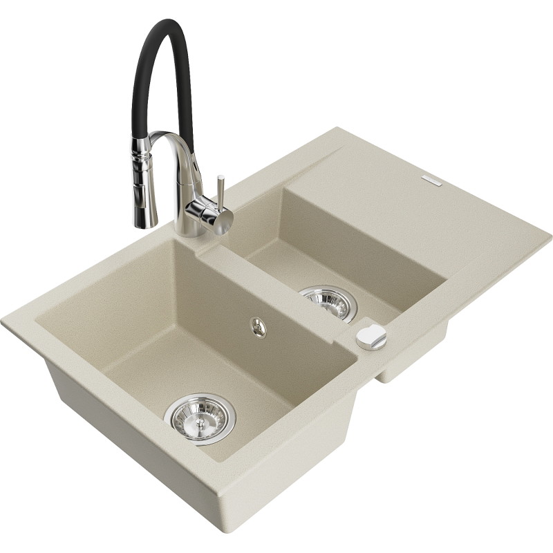 Mexen Gaspar Granitspüle 1,5-fach mit Abtropffläche und Küchenarmatur Aster, beige - 6507-69-73450-07