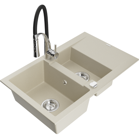 Mexen Gaspar Granitspüle 1,5-becken mit Abtropffläche und Küchenarmatur Aster, Beige - 6507-69-73450-07
