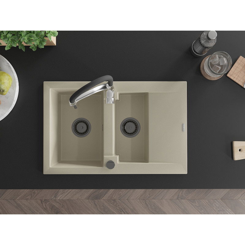 Mexen Gaspar granieten gootsteen 1,5-komor met afdruiprek en keukenkraan Aster, beige - 6507-69-73450-07-B