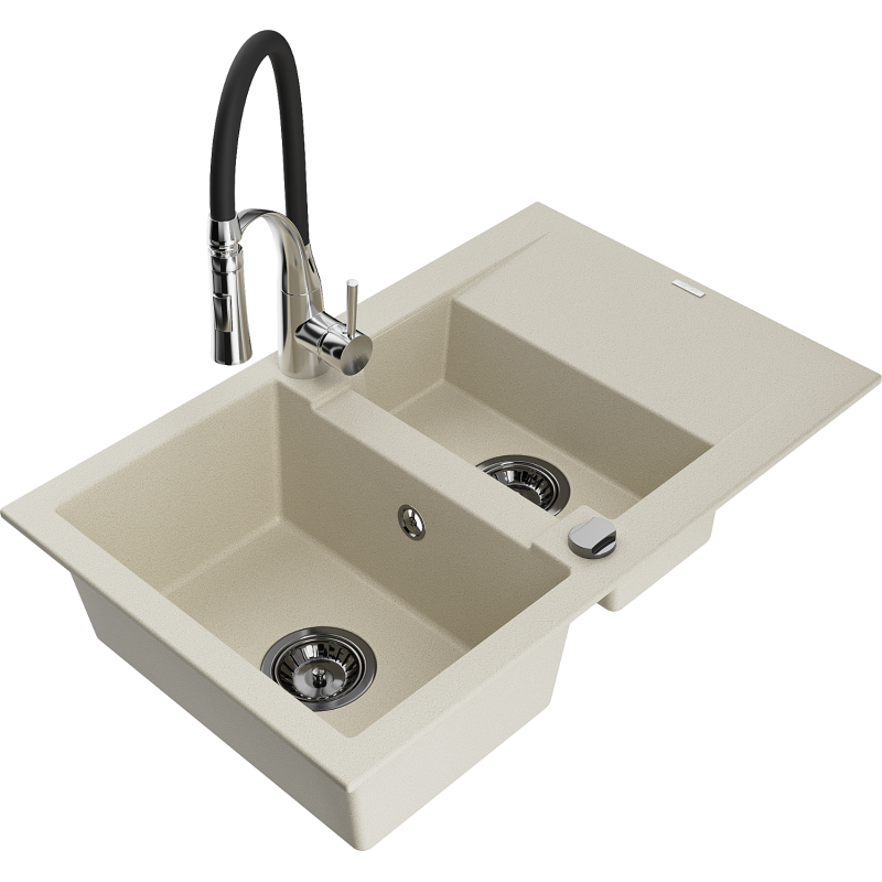 Mexen Gaspar fregadero de granito de 1,5 cubetas con escurridor y grifo de cocina Aster, beige - 6507-69-73450-07-B