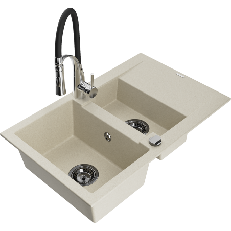 Mexen Gaspar granite sink 1.5-bowl with drainer and Aster kitchen faucet, beige - 6507-69-73450-07-B