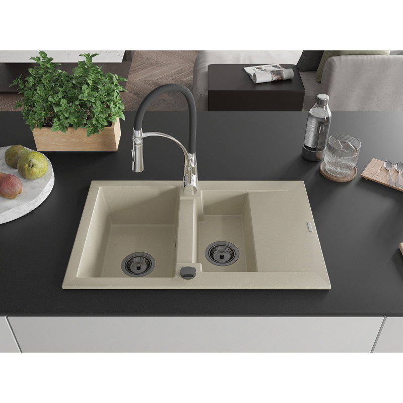 Mexen Gaspar granitspüle 1,5-becken mit abtropffläche und küchenarmatur Aster, beige - 6507-69-73450-07-B