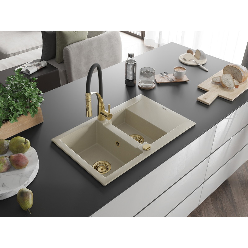 Mexen Gaspar fregadero de granito de 1,5 senos con escurridor y grifo de cocina Aster, beige - 6507-69-73450-57-G