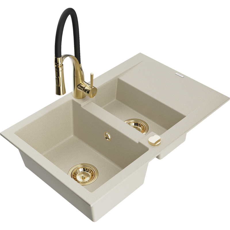 Mexen Gaspar granitdiskho 1,5-kammare med avrinningsyta och köksblandare Aster, beige - 6507-69-73450-57-G