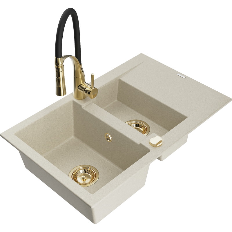Mexen Gaspar Granitspüle 1,5-becken mit Abtropffläche und Küchenarmatur Aster, beige - 6507-69-73450-57-G