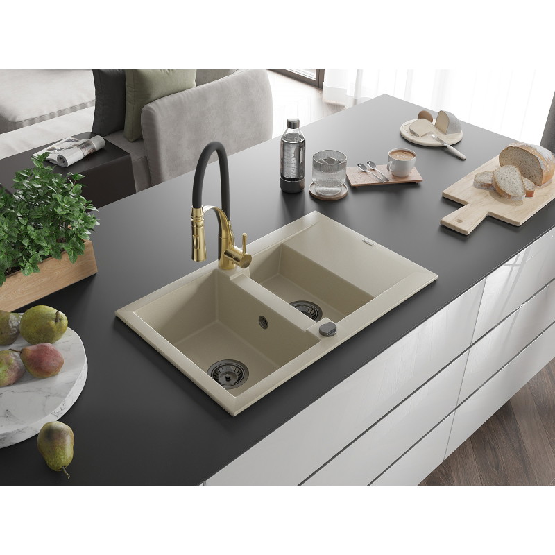 Mexen Gaspar granitenspoelbak 1,5-compartiment met druiprek en keukenkraan Aster, beige - 6507-69-73450-57-B