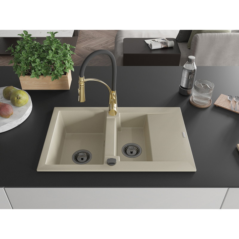 Mexen Gaspar 1,5-Kammer Granitspüle mit Abtropfbecken und Küchenarmatur Aster, beige - 6507-69-73450-57-B