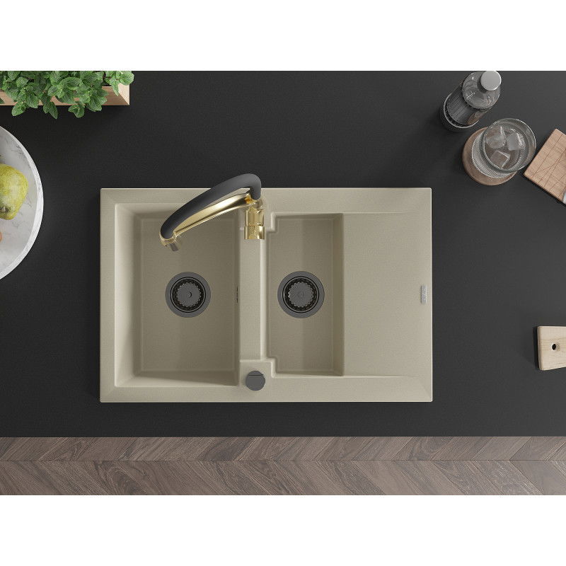 Mexen Gaspar Granit-Spülbecken 1,5-Kammer mit Abtropffläche und Küchenarmatur Aster, beige - 6507-69-73450-57-B