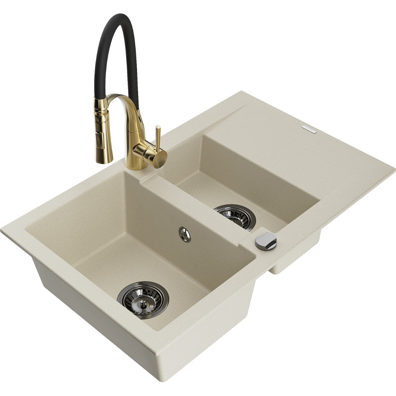 Mexen Gaspar 1,5-Kammer Granitspüle mit Abtropfbecken und Küchenarmatur Aster, beige - 6507-69-73450-57-B