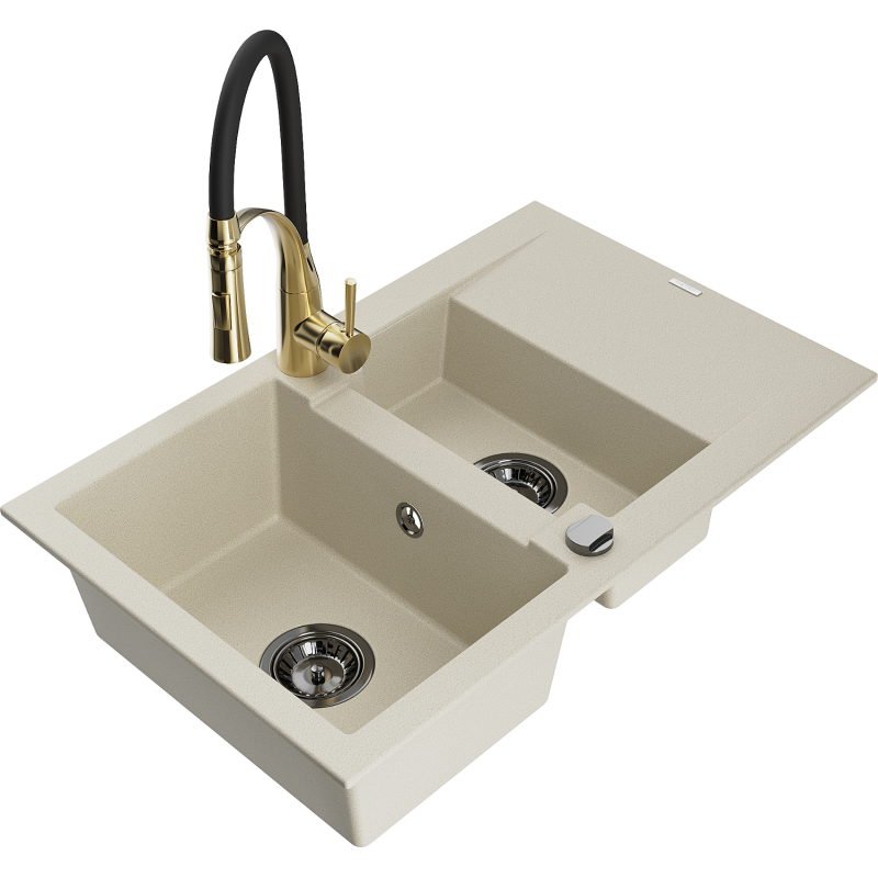 Mexen Gaspar fregadero de granito de 1,5 senos con escurridor y grifo de cocina Aster, beige - 6507-69-73450-57-B