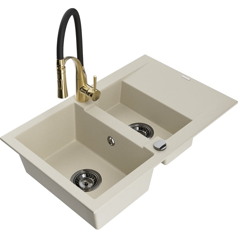 Mexen Gaspar granite 1.5-bowl sink with drainer and Aster kitchen faucet, beige - 6507-69-73450-57-B