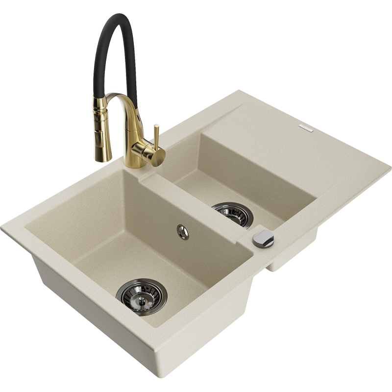 Mexen Gaspar lava-loiça de granito 1,5-bacia com escorredor e torneira de cozinha Aster, bege - 6507-69-73450-57-B