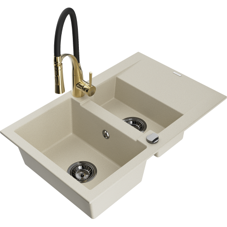 Mexen Gaspar granite 1.5-bowl sink with drainer and Aster kitchen faucet, beige - 6507-69-73450-57-B