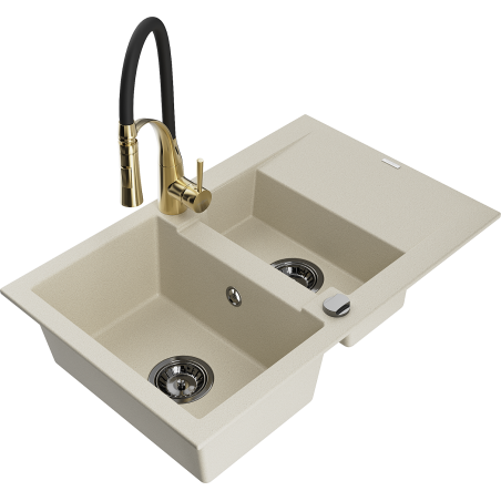 Mexen Gaspar granite sink 1.5-bowl with drainer and Aster kitchen tap, beige - 6507-69-73450-57-B