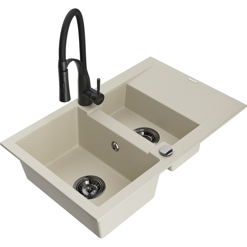 Mexen Gaspar granieten spoelbak 1,5-kompartiment met afdruiprek en keukenkraan Aster, beige - 6507-69-73450-70-B