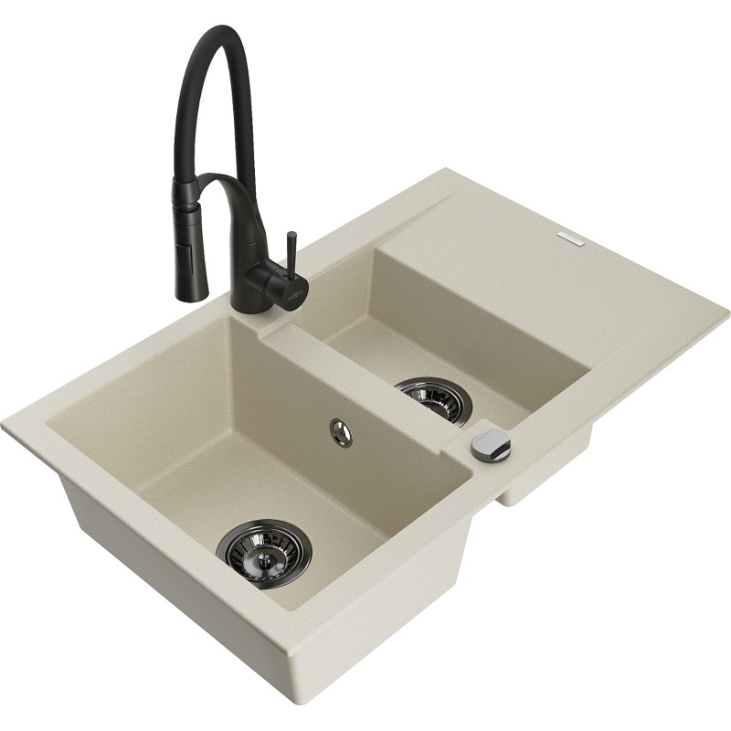 Mexen Gaspar granitische 1,5-kompartiment gootsteen met afdruiprek en keukenmengkraan Aster, beige - 6507-69-73450-70-B