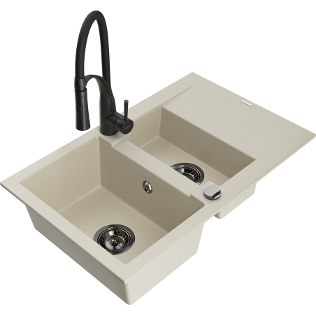 Mexen Gaspar 1.5-bowl granite sink with drainer and Aster kitchen tap, beige - 6507-69-73450-70-B